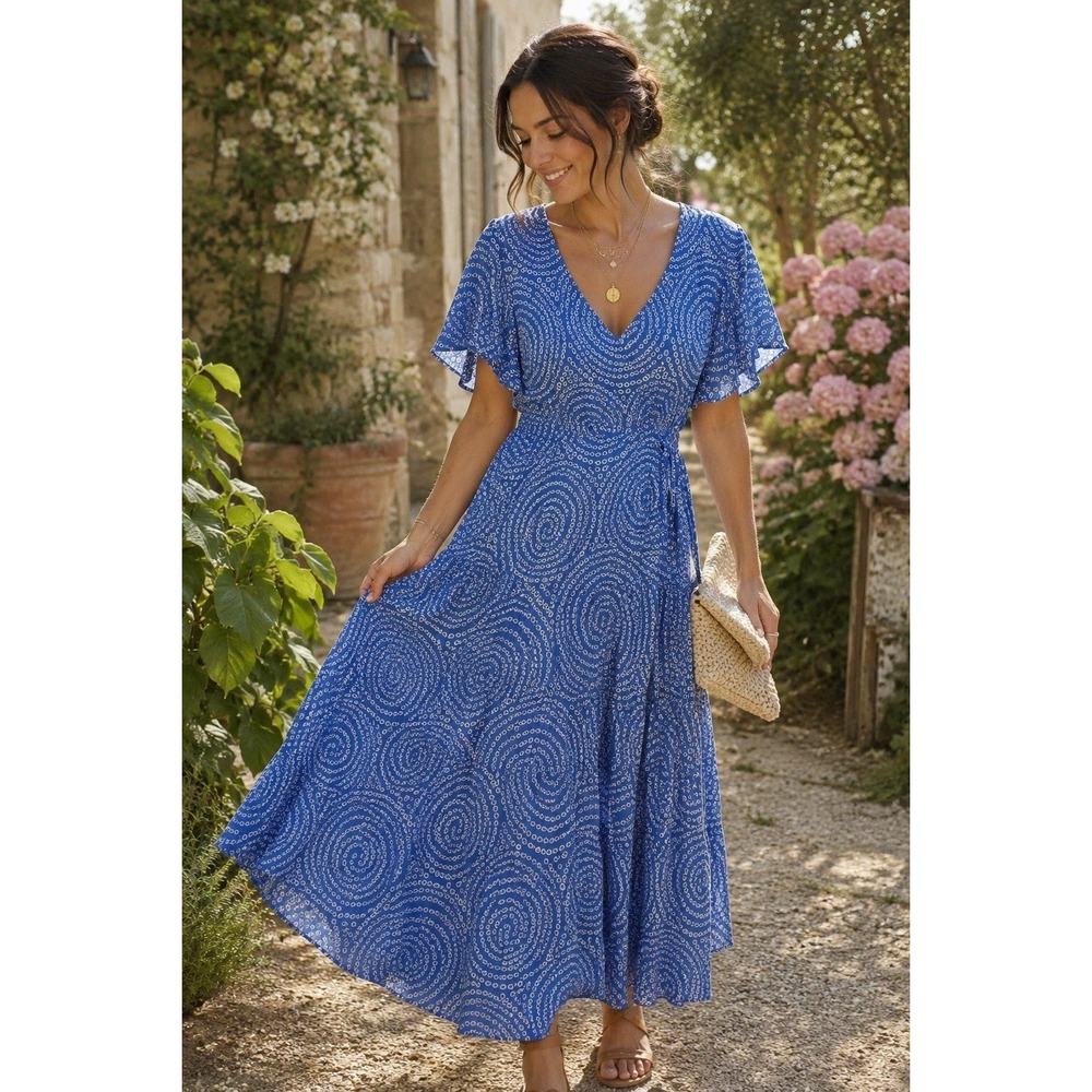Rhode Blue White 100% Cotton Circle‎ Swirl Print V Neck Midi Dress Size S